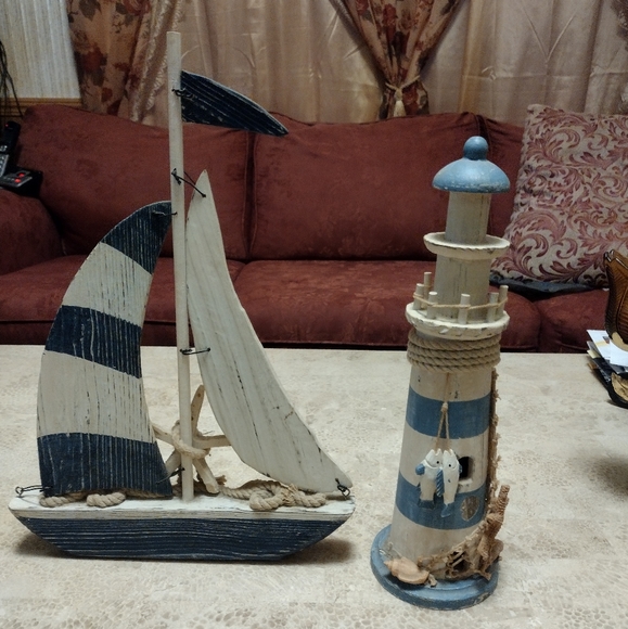⛵Vintage Wooden Rustic Lighthouse and Sailboat Beach Decor, Nautical⛵🌺 - Picture 3 of 8